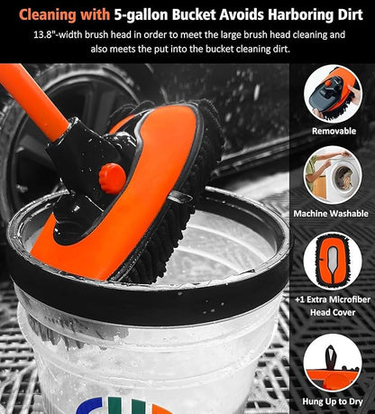57'' Car Wash Brush with Long Handle Chenille Microfiber Car Wash Kit Mitt Retractable Bent Pole Car Wash Mop for Cars RV Truck Boat (Orange-2)