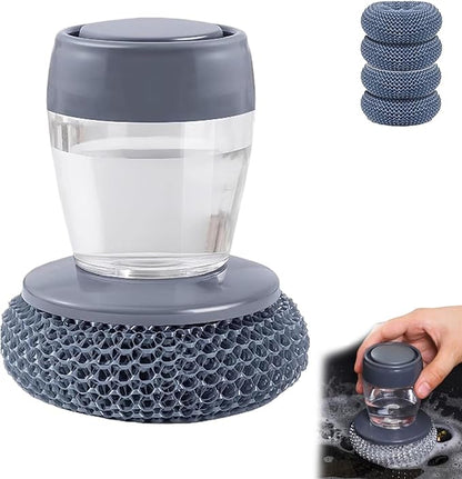 Comfort Grip Soap Dispensing Kitchen Scrub, Press-Type Dish Brush with Soap Dispenser, Replaceable Nylon Bristles, for Dishes Pots Pans Sinks Household Cleaning (1 Set)