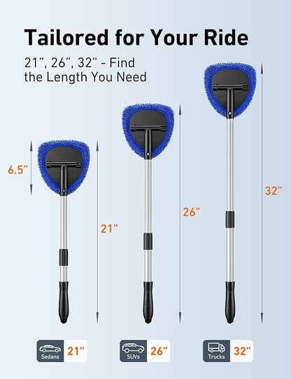 AstroAI 26" Windshield Cleaner Tool, Car Interior Window Detailing Cleaning Kit with Extendable Handle and 4 Easy-to-Install Reusable Microfiber Pads, Auto Glass Wiper Brush Kit for Car&Home, Blue