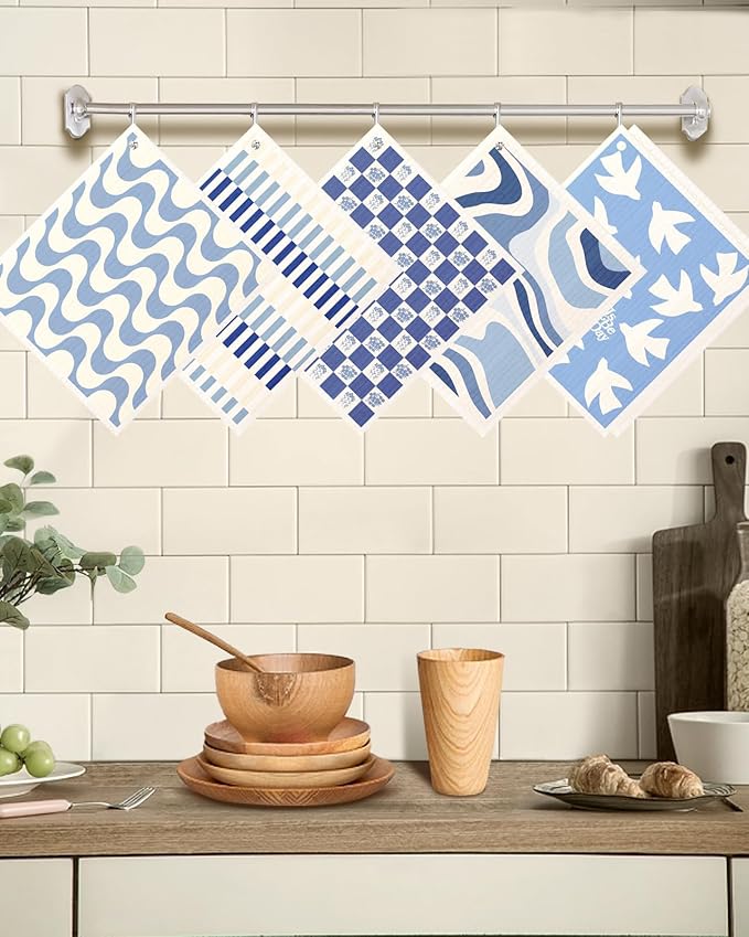 Miss Adola Swedish Dishcloths for Kitchen with Hooks - Reusable Dish Cloths for Washing Dishes Fast Drying Cute Fun 5 Pack Swedish Dish Towels Washable Cleaning Sponge, Blue Geometrical