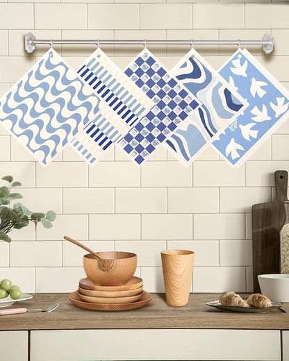 Miss Adola Swedish Dishcloths for Kitchen with Hooks - Reusable Dish Cloths for Washing Dishes Fast Drying Cute Fun 5 Pack Swedish Dish Towels Washable Cleaning Sponge, Blue Geometrical