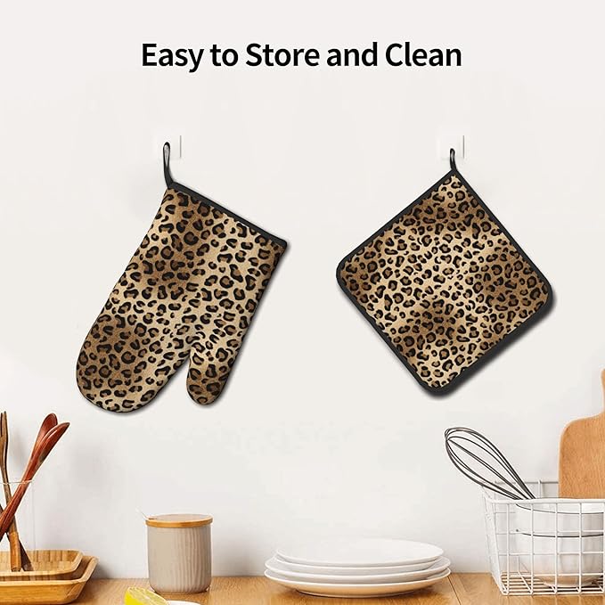 Leopard Print Oven Mitts - Brown Oven Mitts and Pot Holders Sets of 2 Animal Print Kitchen Mitts Hot Pads for Baking Grilling