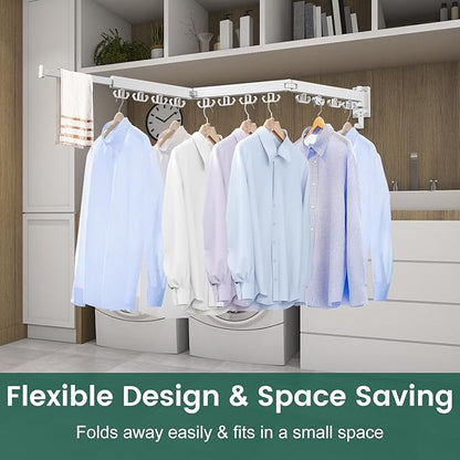 Kelisiting Wall Mounted Clothes Drying Rack, Laundry Drying Rack Wall Mount, 3-Fold Drying Rack Clothing, Foldable Clothes Drying Rack with 12 Dual Hooks Organization for Laundry Room Indoor - White