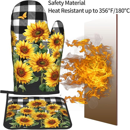 Sunflower Oven Mitts and Pot Holders Sets of 2 Buffalo Plaid Kitchen Mitts Farmhouse Hot Pads for Cooking Baking Grilling