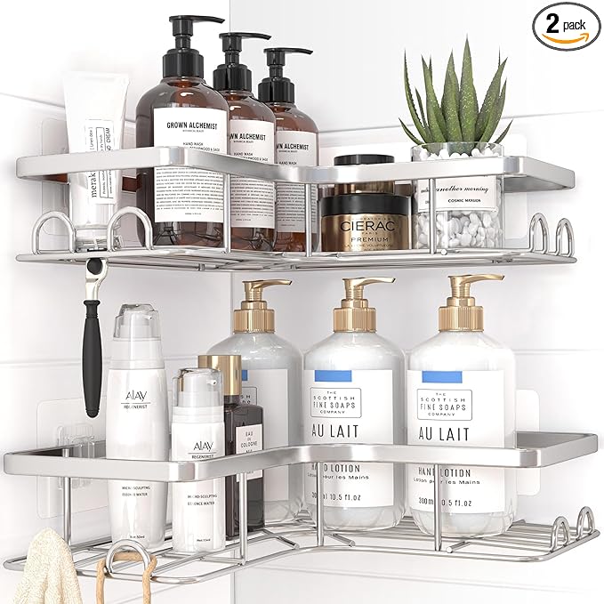 Sakugi Corner Shower Caddy - 2 Pack, Adhesive Shower Organizers, Rustproof Stainless Steel Shower Shelves with 8 Hooks, No Drilling Bathroom Organizers and Storage Racks, Space-Saving, Silver, Large