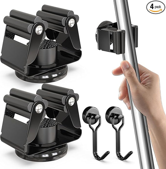3-H Magnetic Broom Holder 4 Piece, 304 Stainless Steel Broom Holder Wall Mount, No Drilling Magnetic Tool Holder with 2 Mini Magnetic Hooks for Garage Garden Laundry Kitchen, Black
