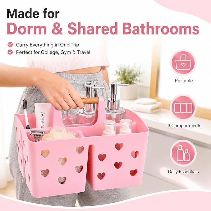 Pink Portable Shower Caddy with Wooden Handle, Plastic Shower Basket Organizer with Drainage Holes & 3 Compartments, Dorm Shower Caddy for College Students, Bathroom, Gym, Camping Toiletry Storage