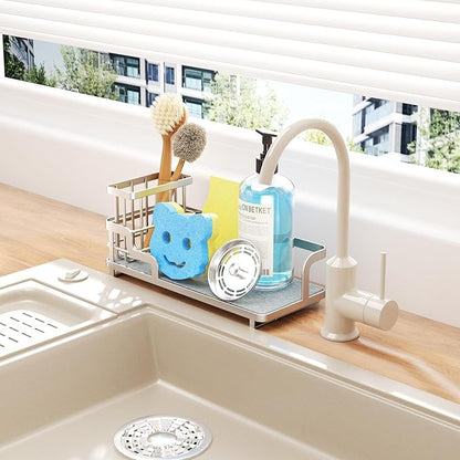 Consumest Sponge Holder for Kitchen Sink - Sink Caddy Organizer with Water Absorbing Stone Tray, Detachable Brush Holder, Stainless Steel Kitchen Counter Organizer Rack, Sand Nickel