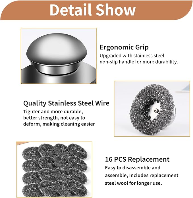 15Pcs Steel Wool Scrubber with Replacement Wire Sponge Pads Set, Stainless Steel Scrubber with Handle for Scouring Messes from Cast Iron, Frying pan, Pots, Pans, Grill, Stoves, Sink