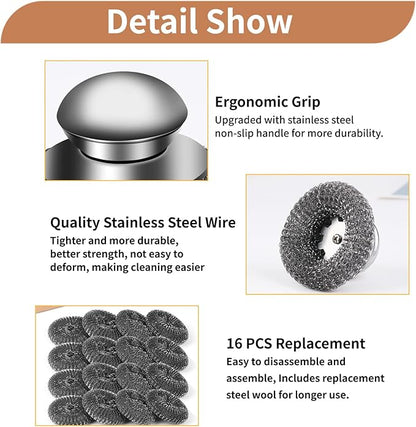 15Pcs Steel Wool Scrubber with Replacement Wire Sponge Pads Set, Stainless Steel Scrubber with Handle for Scouring Messes from Cast Iron, Frying pan, Pots, Pans, Grill, Stoves, Sink