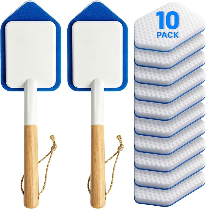 Tub Tile Scrubber Brush – 2 Pack with Wooden Handle, Includes 10 Melamine Sponge Eraser Heads | Non-Scratch Cleaner for Bathtub, Shower Wall, Grout, Kitchen Sink