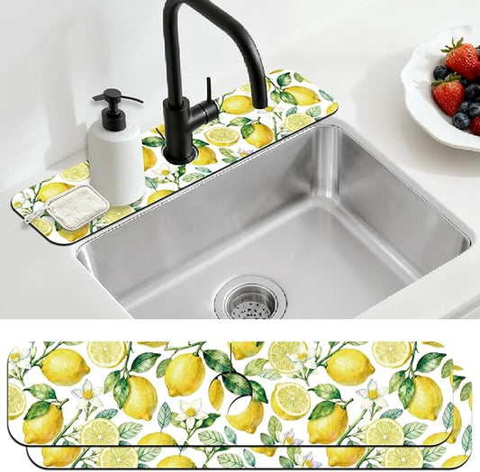 2 Pcs Kitchen Sink Splash Guard Faucet Mats Lemon Pattern Faucet Mat for Sinks Fruit Absorbing Drying Mat for Kitchen Bathroom, 23.6x5.5inch