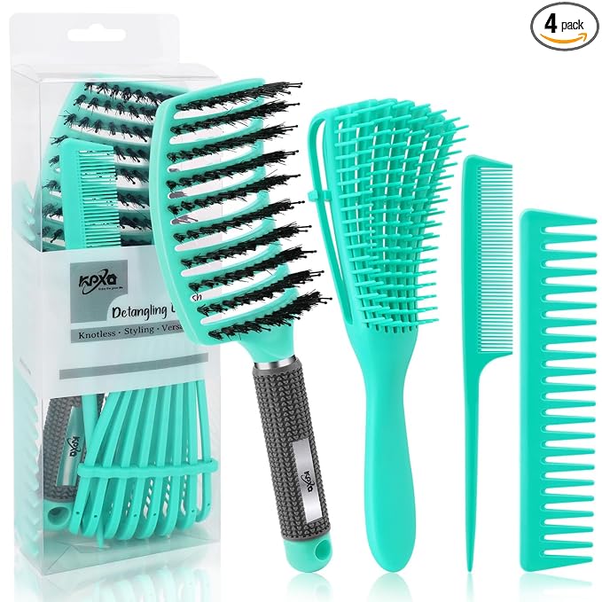 4pcs Curly Hair Brush Set for Adult & Kids Wet or Dry, Detangling & Wide Tooth Comb with Hair Detangler (4, Green)