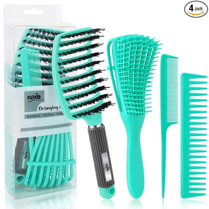 4pcs Curly Hair Brush Set for Adult & Kids Wet or Dry, Detangling & Wide Tooth Comb with Hair Detangler (4, Green)