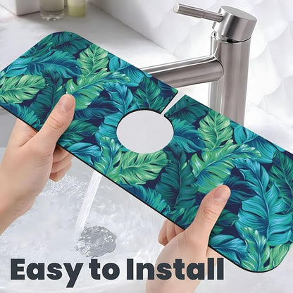 Palm Leaves Tropical Summer Green Hawaiian Kitchen Sink Splash Guard Faucet Mat Super Absorbent Fast Drying Mat Sink Gadgets-Fast Drying Pad Sink Mat For Kitchen Bathroom (15" X 5.5" )