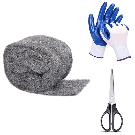 1Pack Steel Wool for Mice Control 3.2" x10.5 ft Wool, Gap Filler for Home & Garage, DIY Bundle with Gloves & Scissors