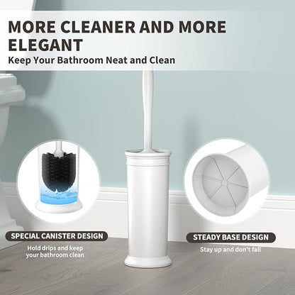 Toilet Brush, Toilet Bowl Brush with Extra Long Handle Durable Bristles Toilet Scrubber and Covered Holder for Toilet Brush Set for Bathroom Cleaning (White, 1 Set)