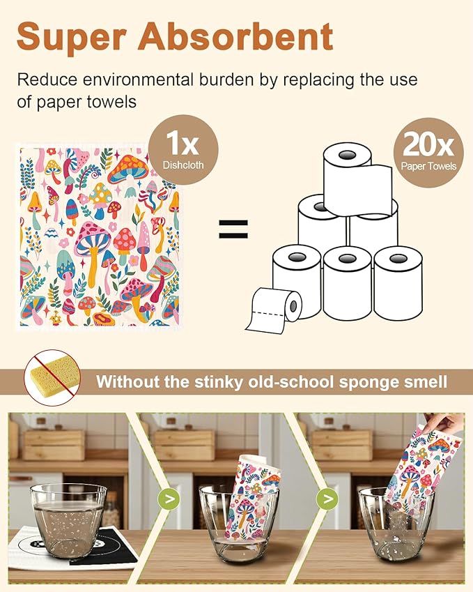 Miss Adola Swedish Dishcloths for Kitchen with Hooks - Reusable Dish Cloths for Washing Dishes Fast Drying Cute Fun 5 Pack Swedish Dish Towels Washable Cleaning Sponge, Swamm Series