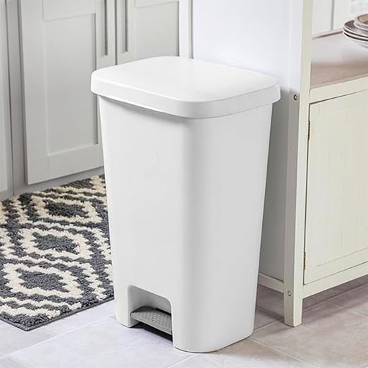 Sterilite 11.9 Gallon Rectangular Step On Kitchen Plastic Indoor Wastebasket with Wide Opening Lid and Comfort Handle for Home, White (12 Pack)