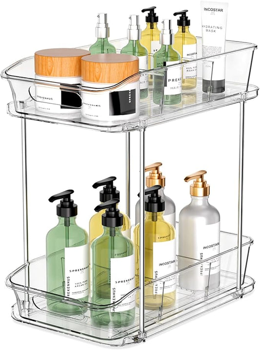 incostar 2 Tier Pull-Out Organizer for Bathroom Kitchen, Under Sink Storage with Dividers, Ideal for Cabinet, Cupboard Organization, Slide-Out Clear Storage, 1 Pack