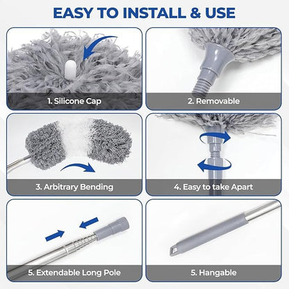 Microfiber Dusters for Cleaning,100" Professional Extension Pole Duster Kit with 2 Washable Bendable Heads,Cobweb Remover & Feather Duster for High Ceilings,Ceiling Fans,and Hard-to-Reach Areas,3PCS