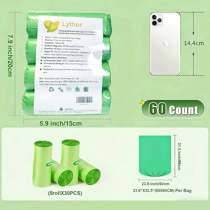 Compostable Trash Bags, Small Disposable Compost Bags 60 Count - Extra Thick & Leak-Proof Compostable Kitchen Garbage Bags for Standard 13 Gal / 50 Liter Trash Cans