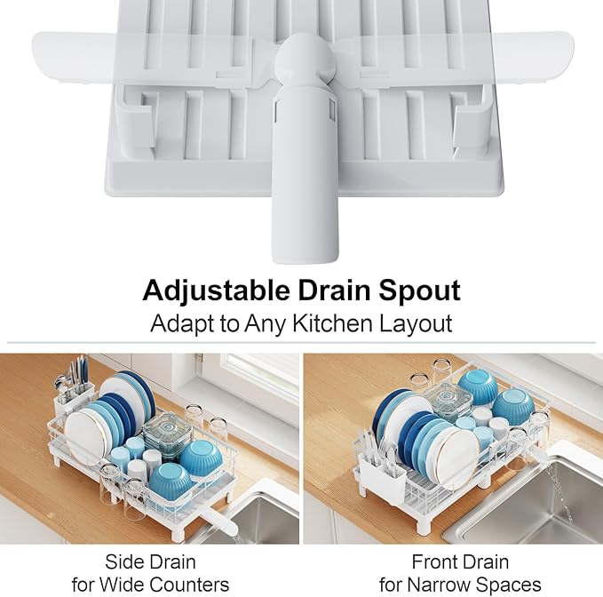 GSlife Expandable Dish Drying Rack for Kitchen Counter, 12-20.5 Inch Compact Dish Rack with Drainboard, Swivel Spout, Cup & Utensil Holder, Rust-Resistant Dish Drainer for Small Kitchen, RV, White