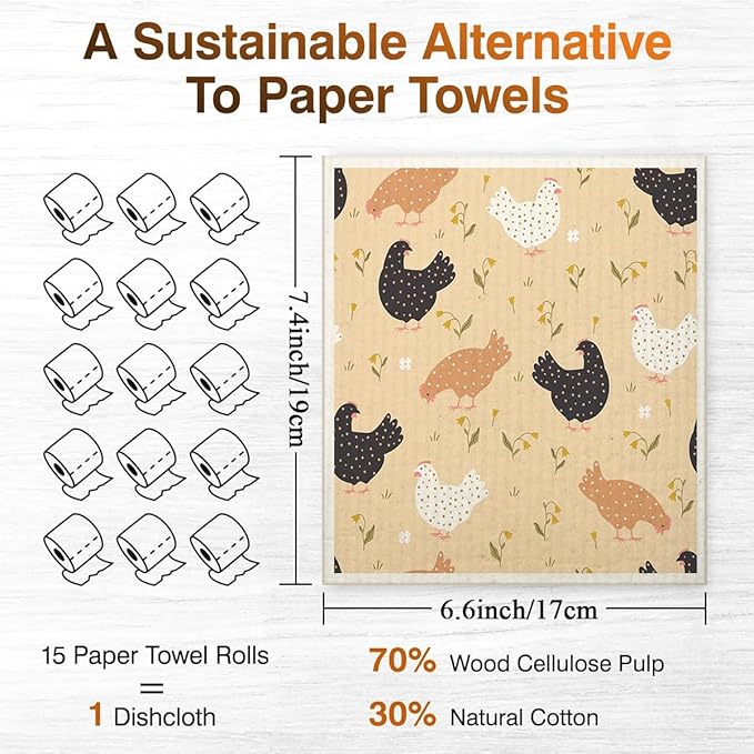 Swedish Dishcloths for Kitchen | 6 Pack Floral Reusable Paper Towels Washable | Swedish Dish Towels | Non-Scratch Cellulose Sponge Cloths | No Odor, Biodegradable Cleaning Cloths, Hen