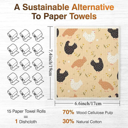 Swedish Dishcloths for Kitchen | 6 Pack Floral Reusable Paper Towels Washable | Swedish Dish Towels | Non-Scratch Cellulose Sponge Cloths | No Odor, Biodegradable Cleaning Cloths, Hen