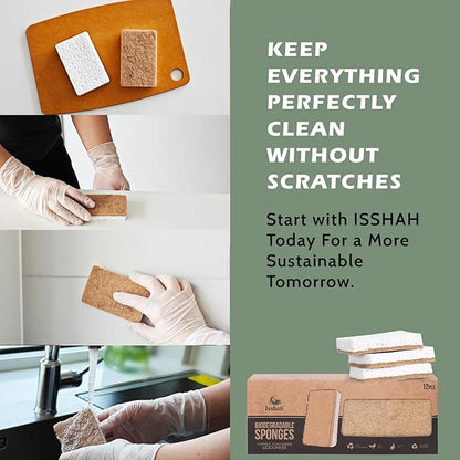 Isshah Plant-Based Kitchen Sponges - Natural, Eco-Friendly, Biodegradable Sisal Hemp Sponges for Dishes, Cleaning Sponge for Kitchen, Bathroom, Household - 24 Count