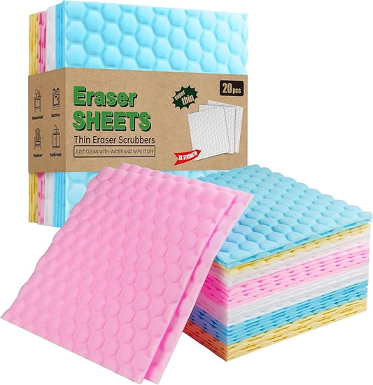 20 Pack Magic Sponge Eraser Sheets, Multi-Surface Cleaner, Disposable Portable Magic Cleaning Eraser Thin Wipes for Kitchenware Bathroom Shoe Sink Car Interiors Hard to Reach Places-Multicolor