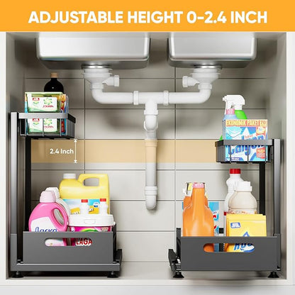 Saydear Under Sink Organizer Storage 2-Tier Premium Metal Pull-Out Kitchen Cabinet Organizer with Sliding Drawer, Height Adjustable, Heavy Duty for Kitchen & Bathroom Organizers 1 Pack Black