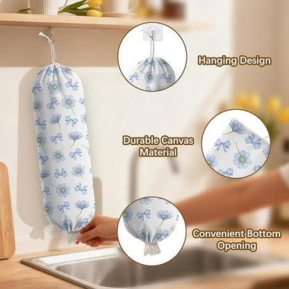 Plastic Bag Holder Dispenser, Plastic Grocery Bag Organizer & Wall Mount Paper Trash Bags Saver Storage for Kitchen Home Pantry Decor - Blue Floral Shopping Bags Storage Dispenser