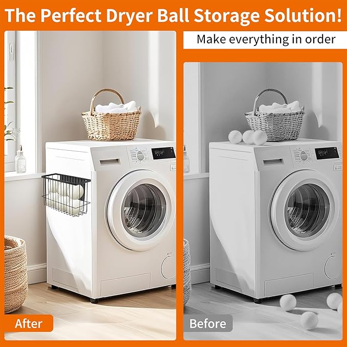 Magnetic Dryer Ball Storage for Laundry Room, Magnetic Lint Bin Basket Organization Storage, Iron Built-in Magnet Dryer Ball Holder Basket Fridge Container for Laundry Room Organizer