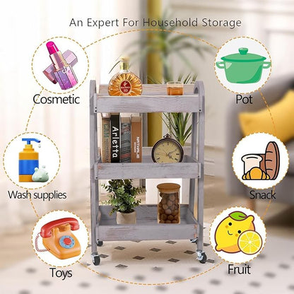 3-Tier Wooden Rolling Cart- Wooden Utility Cart wit Wheels- Utility Rolling Cart-Storage Trolley Organizer- Rolling Kitchen Serving Cart for Office,Kitchen, Kids' Room (Retro Grey)
