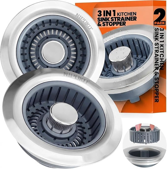2 Pack Sink Drain Strainer - Sink Stopper, 3 in 1 Stainless Steel Kitchen Drain Plug with Deep Anti-Clog Basket and Odor-Blocking Seal, Pop-Up Design Fits Standard 3-1/2 Inch Sink