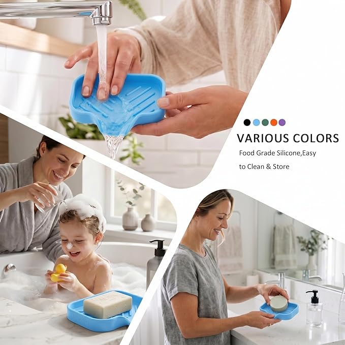MicoYang Silicone Bathroom Soap Dishes with Drain Spout-Bathroom and Kitchen Sink Organizer,Sponge Holder,Dish Soap Tray,Perfect for Dispenser,Scrubber,Bottle on Sink or Counter-Light Blue 4.9"×3.2"