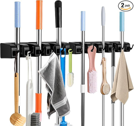 InPoTo Broom and Mop Holder, Wall Mounted Organizer Storage Tool Rack with 5 Ball Slots and 6 Hooks (2 Pack)