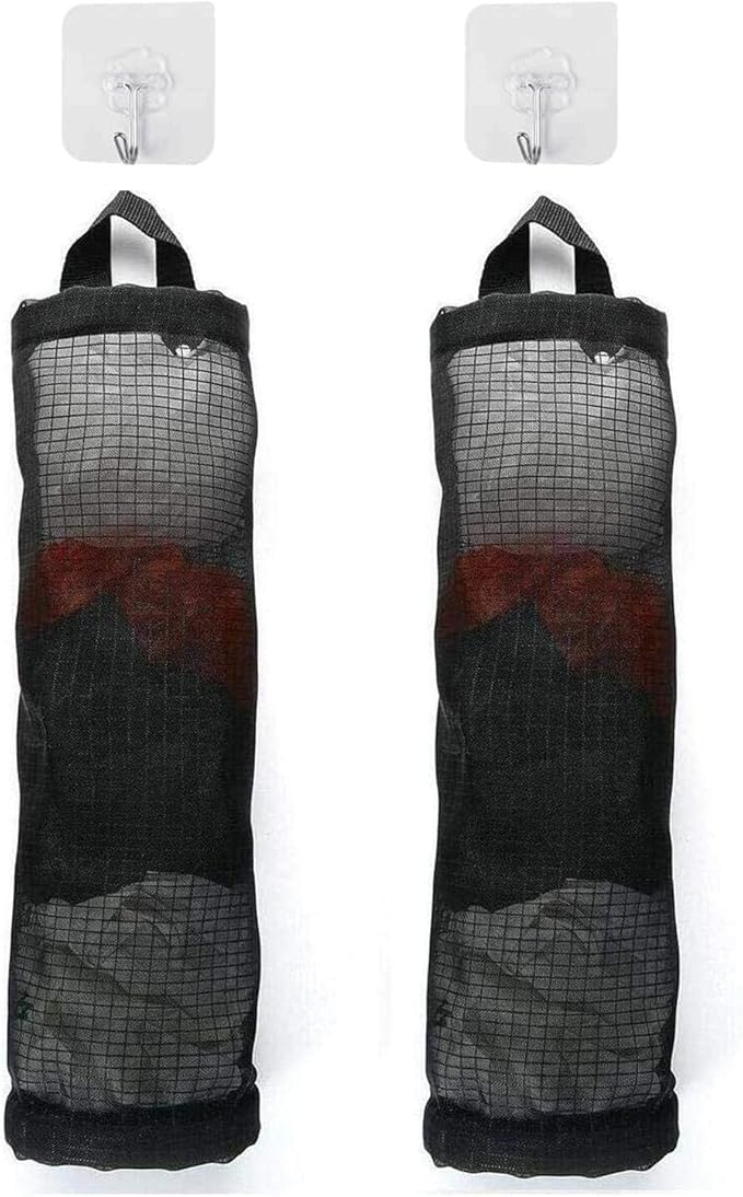 Hanging Folding Mesh Garbage Bag Organizer Trash Bags Holder Recycling Containers Plastic Waste Bag Storage for Kitchen With Adhesive wall hooks (Black)-2pcs