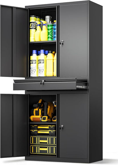 Metal Storage Cabinet with Drawer, Garage Storage Cabinet with Locking Doors and Adjustable Shelves for Garage, Home Office,Warehouse (Black)