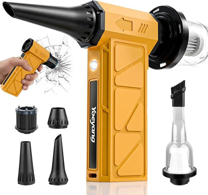 Compressed Air Duster, Industry-First O-Shaped Air Duct with 13-Blade Dual-Layer Turbo Fan, 6-in-1 Cordless Mini Blower, Vacuum & Inflator,4-Speed, LED Light & Window Breaker for Car Home, Yellow