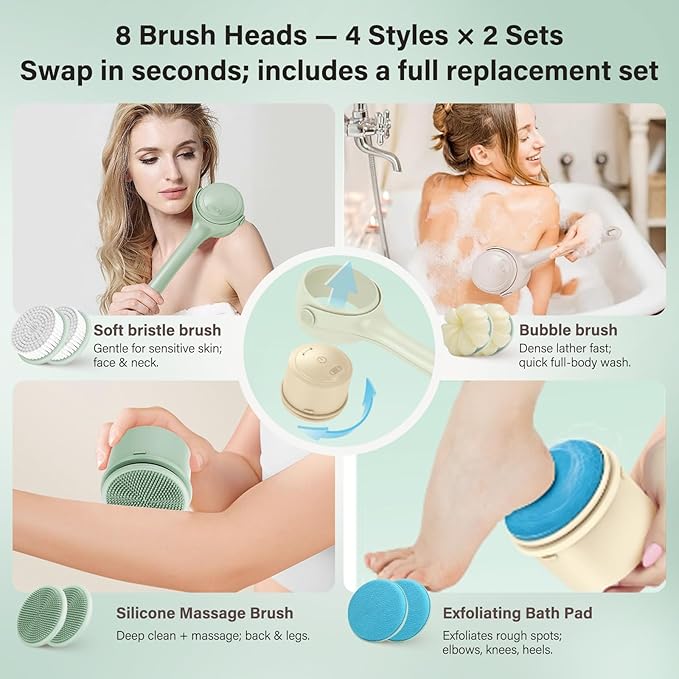 Electric Body Brush Back Scrubber for Shower, 8 Replaceable Heads and Hook, Long Handle, 2-Speed, Type-C Rechargeable, Waterproof, for Cleansing, Exfoliating and Massaging Skin（Green）