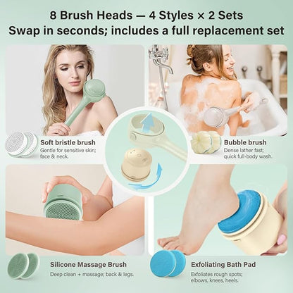 Electric Body Brush Back Scrubber for Shower, 8 Replaceable Heads and Hook, Long Handle, 2-Speed, Type-C Rechargeable, Waterproof, for Cleansing, Exfoliating and Massaging Skin（Green）