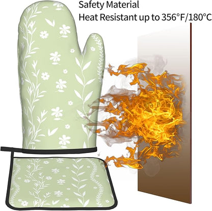Sage Green Oven Mitt Pot Holder Set Floral BBQ Cooking Gloves Farmhouse Botanical Baking Grilling Kitchen Gifts for Spring Summer
