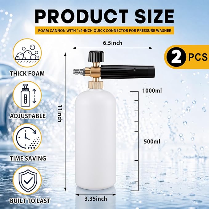 2 Pack Foam Cannon with 1/4" Quick Connector for Pressure Washer, 1000-3000 Psi, 1 Liter, Adjustable Nozzle Foam Cannon for Car Washing