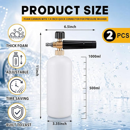 2 Pack Foam Cannon with 1/4" Quick Connector for Pressure Washer, 1000-3000 Psi, 1 Liter, Adjustable Nozzle Foam Cannon for Car Washing