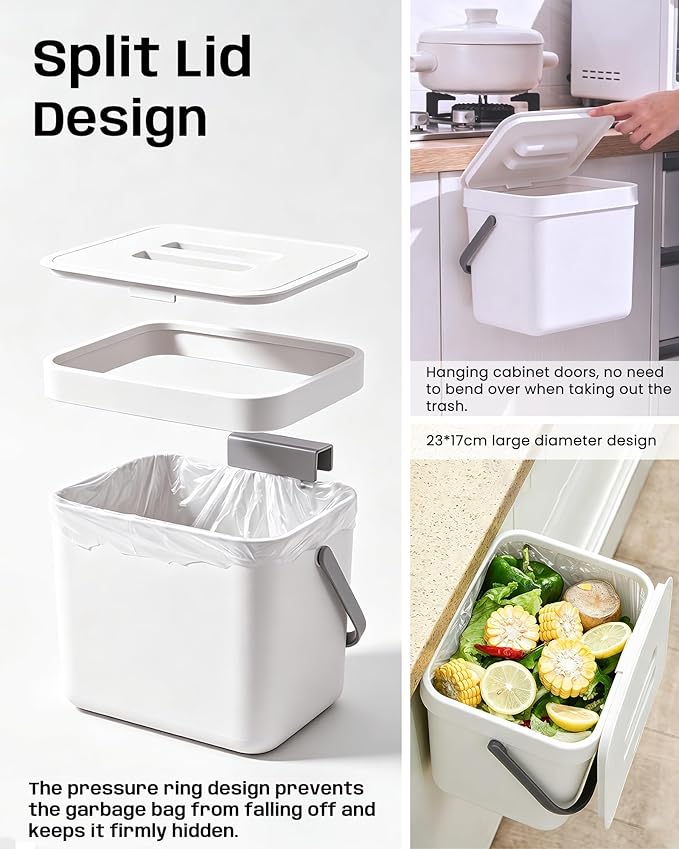 Kitchen Compost Bin - 1.8 Gallons Hanging Trash Can with Lid for Kitchen Cabinet Door, Under Sink, Wall Mounted Waste Bin for Bathroom, 7L(White)