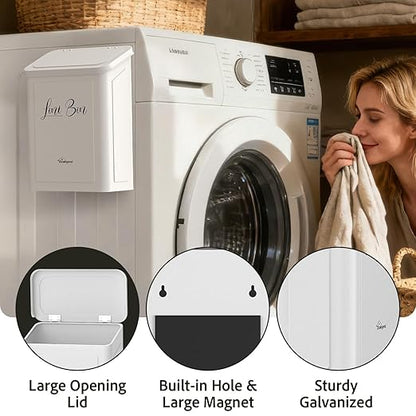 Sealegend Magnetic Lint Bin for Laundry Room with Dryer Lint Brush, Wall Mounted Metal Trash Can with Lid for Dryer, Space-Saving Laundry Organization and Storage, White