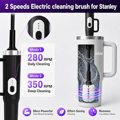 2 in 1 Electric Bottle Brush Set with Straw Cleaner - 14.5" Long Handle Cup Brush for Stanley 40oz Tumbler, 2-Speed Rotating Water Bottle Brush, 2000mAh Rechargeable, Portable Hook