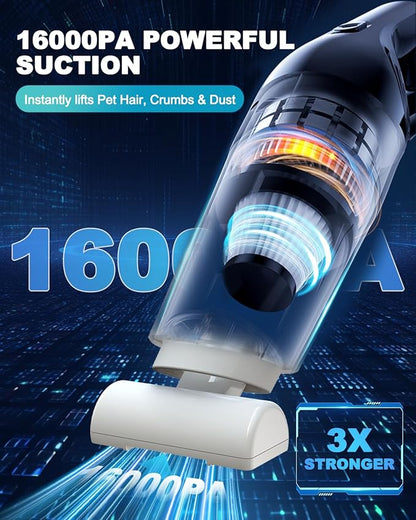 Handheld Vacuum Cordless, 16000PA High Power Suction Hand Held Car Vacuum Cleaner Portable with Washable Filter & Multi Accessories, Rechargeable Dust Busters for Car Home Office and Pet Hair